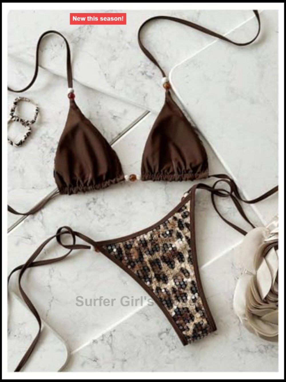 Animal Print Sequin Sparkly Triangle Halter Bikini 2 Piece Set View 3